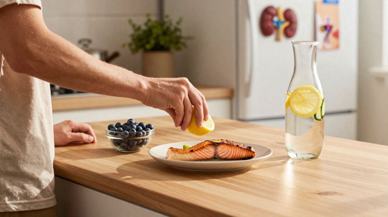 Main pressant un quartier de citron sur un filet de saumon grillé avec bol de myrtilles et carafe d'eau citronnée.