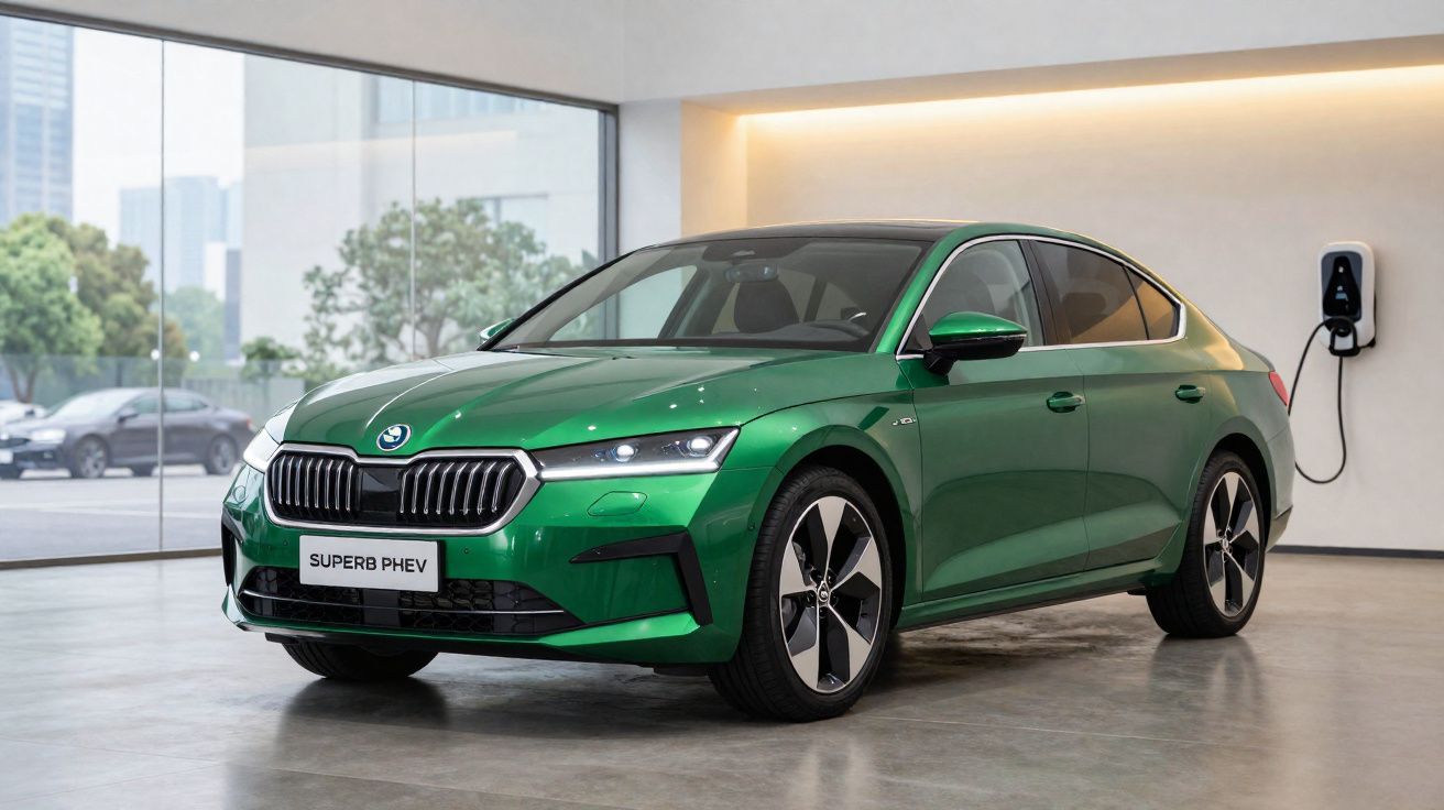 Voiture verte Škoda Superb PHEV en charge dans un showroom moderne avec grandes baies vitrées.