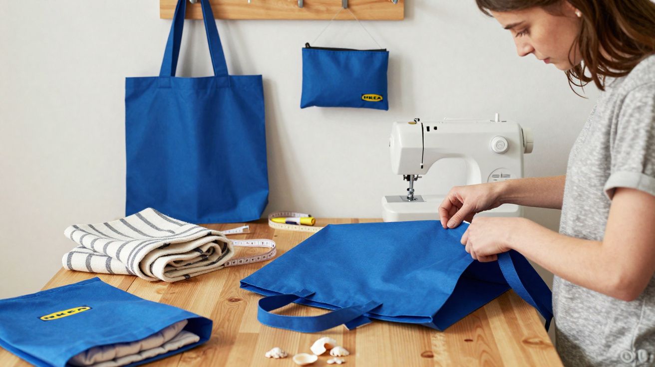 Femme cousant un sac bleu à la machine à coudre sur une table en bois avec d'autres sacs et accessoires bleus.