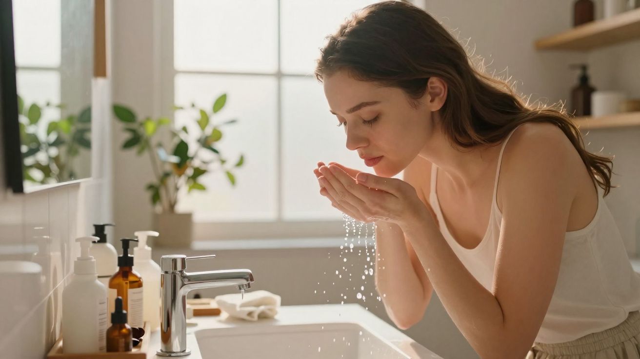 Jeune femme se rinçant le visage à l'eau dans une salle de bains lumineuse moderne.