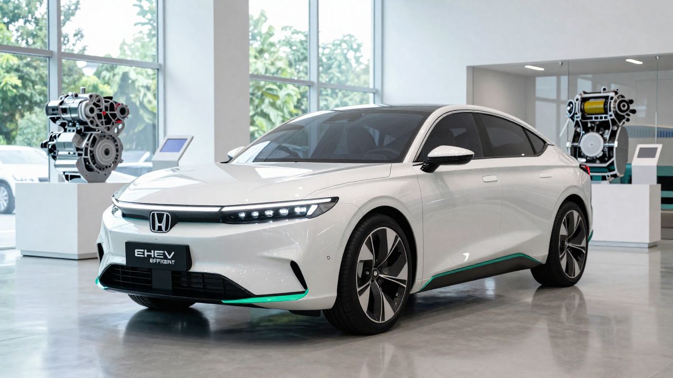 Voiture blanche électrique Honda EHEV exposée dans un showroom moderne avec moteurs en arrière-plan.
