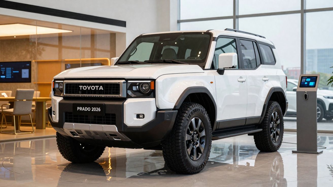Véhicule tout-terrain Toyota Prado 2026 blanc exposé dans un showroom moderne avec sol brillant.