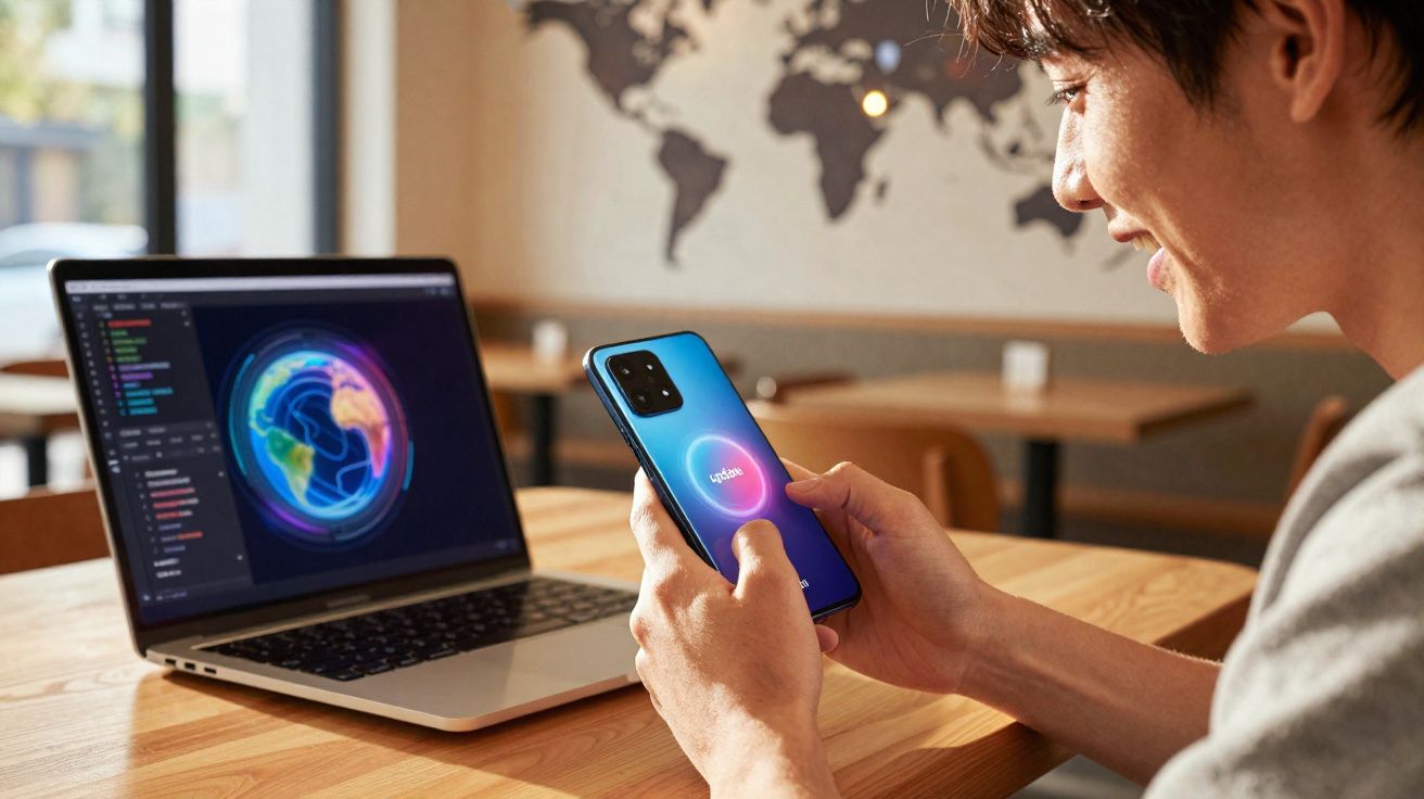 Jeune homme utilisant un smartphone Oppo avec un ordinateur portable affichant une carte du monde dans un café.