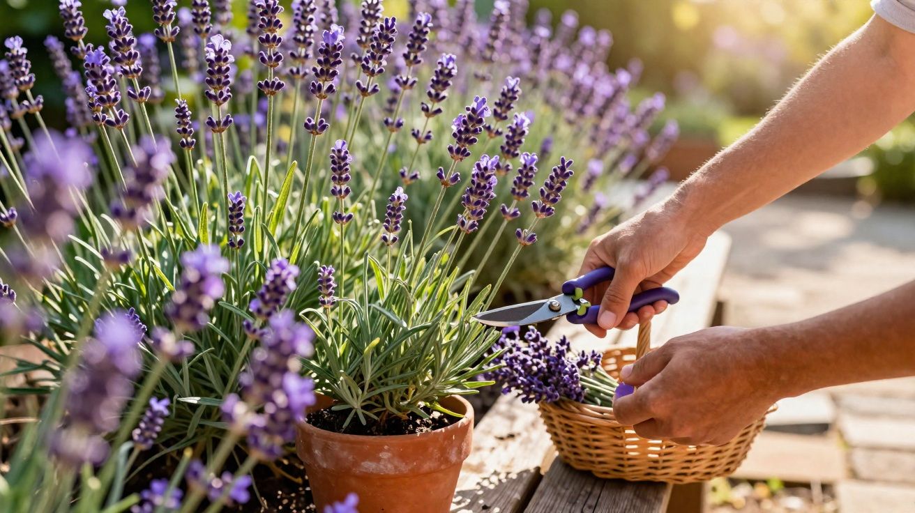 Personne coupant des brins de lavande dans un pot en terre cuite avec un sécateur près d’un panier en osier.