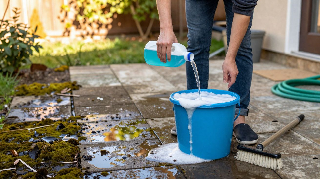 Personne versant du liquide bleu dans un seau bleu rempli d'eau savonneuse pour nettoyer une terrasse.