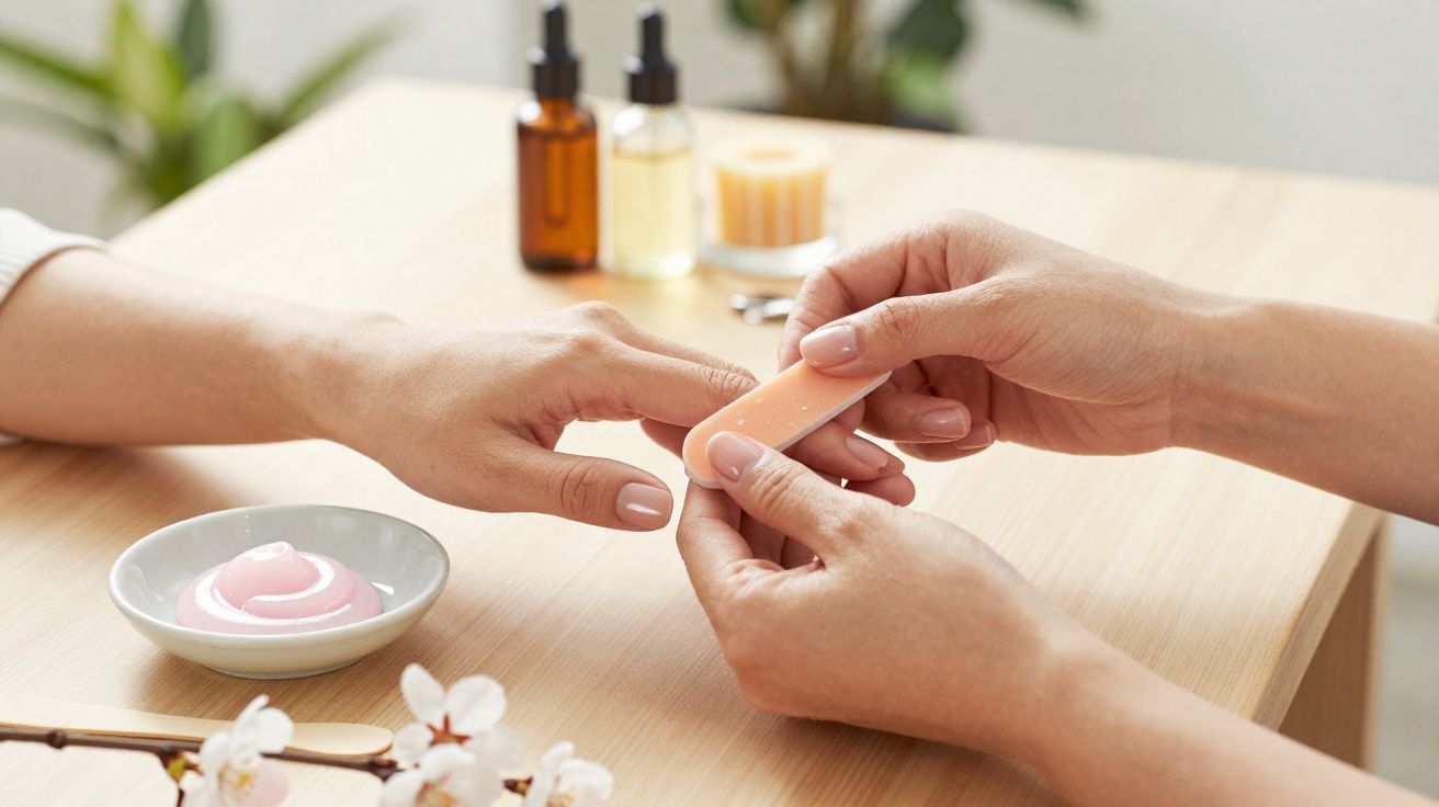 Une personne lime les ongles d’une autre lors d’un soin de manucure avec crème et huiles en arrière-plan.