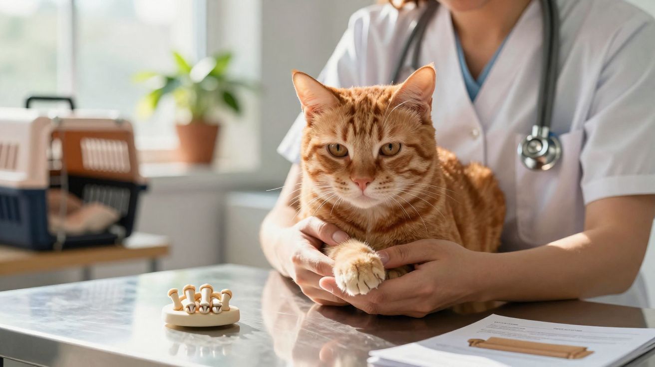 Vétérinaire tenant un chat roux sur une table d'examen dans une clinique lumineuse.