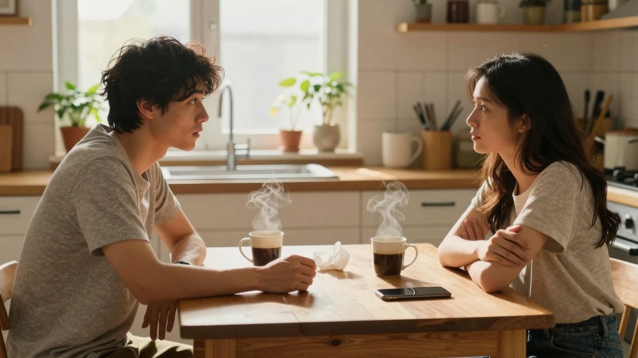 Un homme et une femme discutent sérieusement autour d'une table avec deux tasses de café fumant.