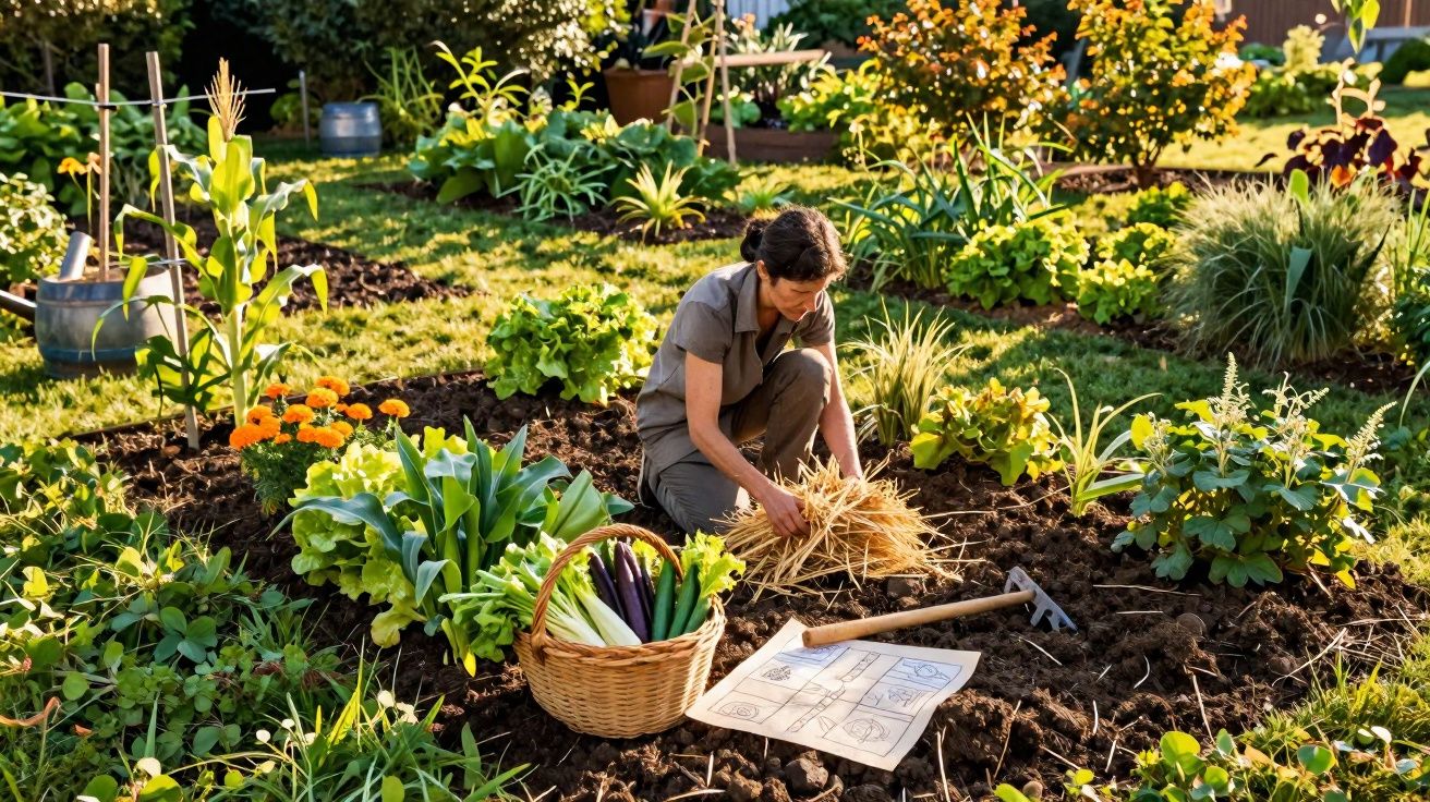 Femme jardinant dans un potager ensoleillé avec un panier de légumes frais et des plans au sol.