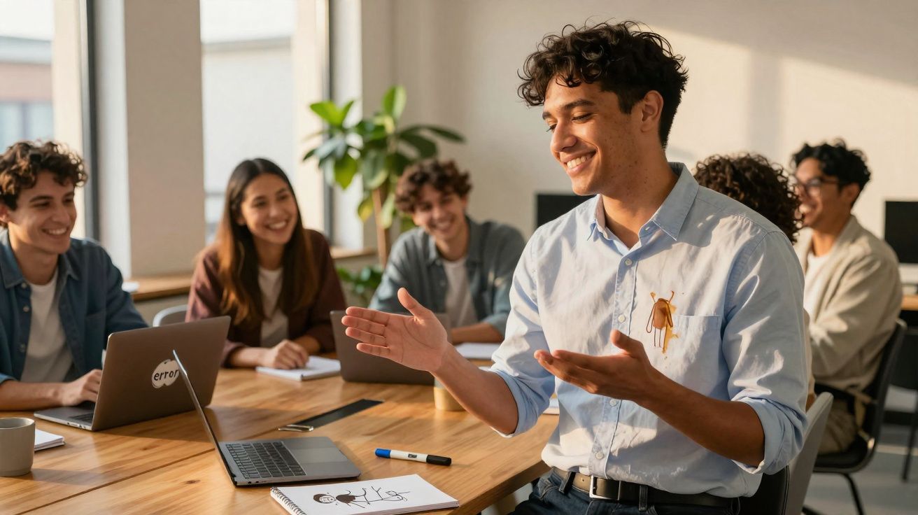Jeune homme souriant présente un bug informatique à un groupe de personnes en réunion de travail.