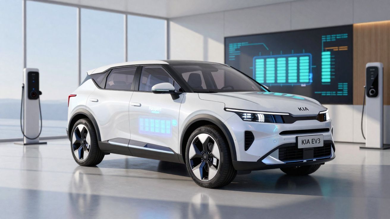 Voiture électrique blanche Kia EV3 en station de recharge moderne avec écrans numériques en arrière-plan.