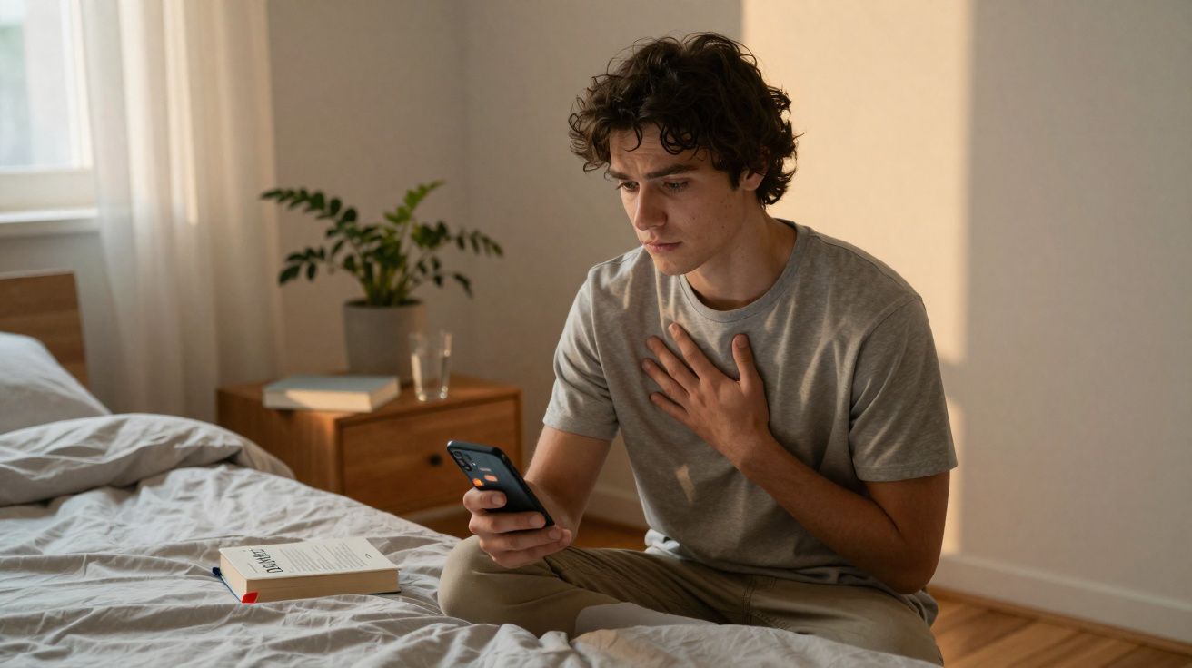 Jeune homme assis sur un lit, portant un t-shirt gris, regardant son téléphone avec une main sur la poitrine.