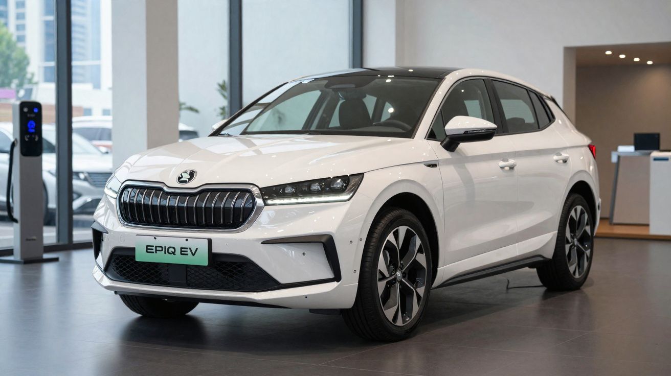 Voiture électrique blanche Skoda Epiq EV exposée dans un showroom moderne avec borne de recharge électrique.