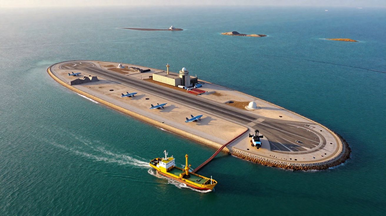 Île artificielle avec piste d'atterrissage, avions stationnés et bateau jaune naviguant en mer.
