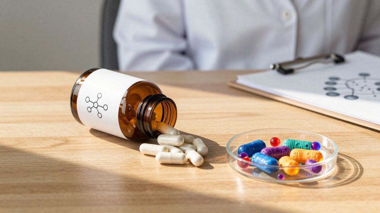 Flacon de capsules blanches renversé sur une table avec capsules colorées dans une boîte en verre.