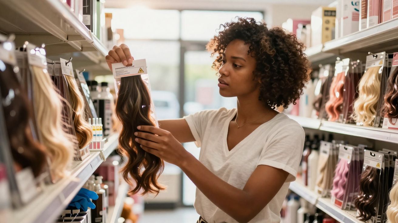 Jeune femme choisissant des extensions de cheveux ondulés dans un magasin de produits capillaires.