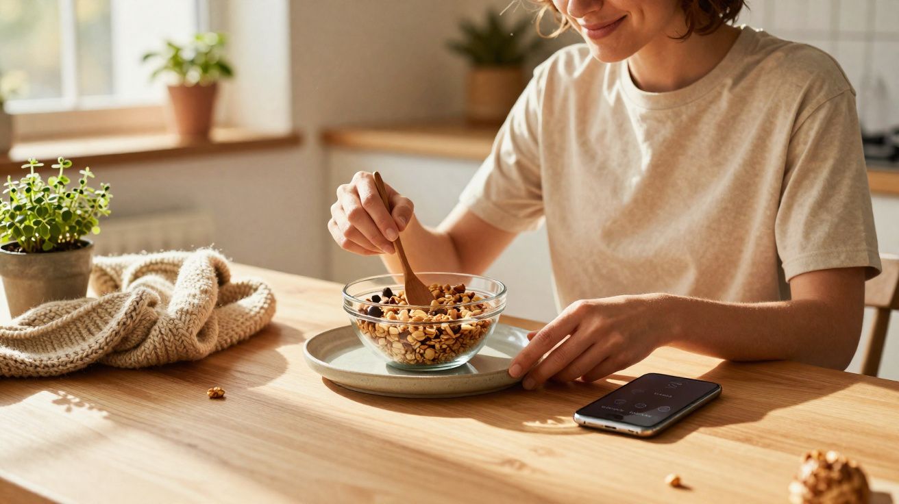 Personne souriante mangeant un bol de céréales au petit-déjeuner près d'une fenêtre lumineuse avec un smartphone sur la table