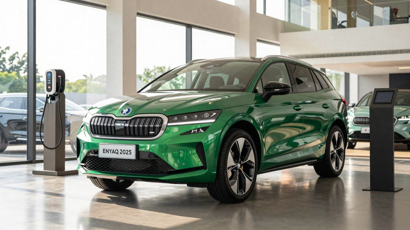 Véhicule SUV électrique vert Škoda Enyaq 2025 exposé dans un showroom avec borne de recharge à côté.