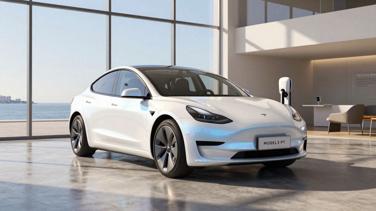 Voiture électrique blanche Tesla Model 3 garée dans un showroom moderne avec vue sur la mer.
