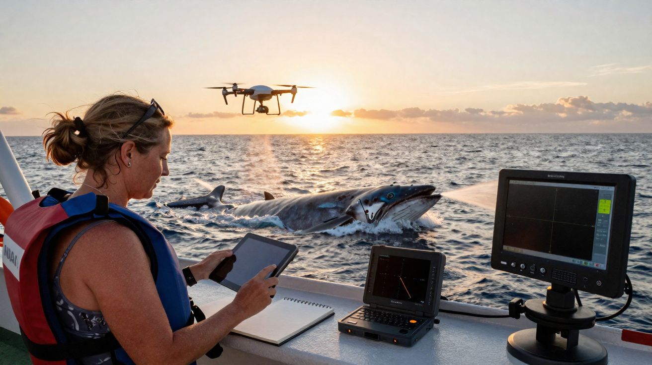 Chercheuse en mer utilisant une tablette et un drone pour étudier un requin près d’un bateau au coucher du soleil.