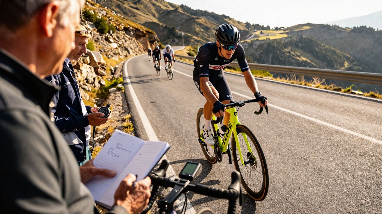 Coureurs cyclistes en compétition sur une route de montagne, observateurs chronomètrent les temps.