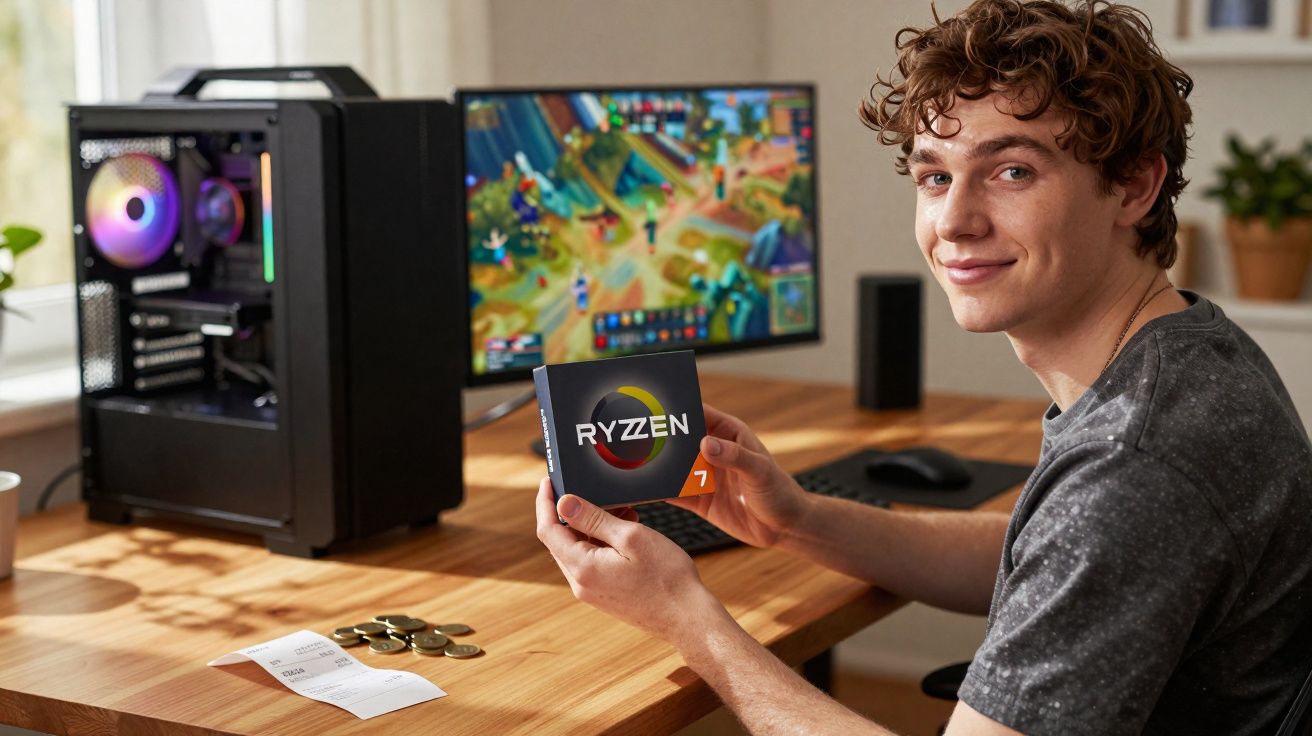 Jeune homme souriant tenant un processeur Ryzen 7 devant un PC gamer et un écran affichant un jeu vidéo.