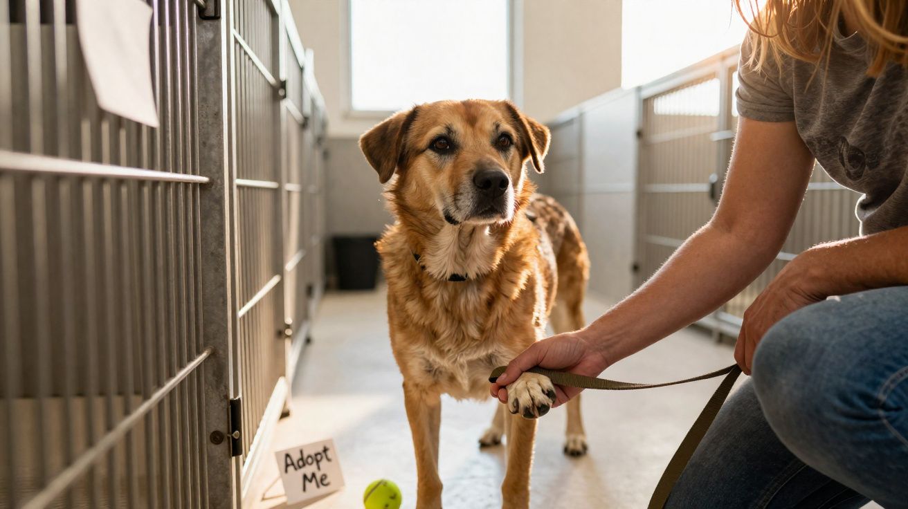 Chien marron tendant la patte à une personne dans une animalerie avec un panneau « Adopt Me ».
