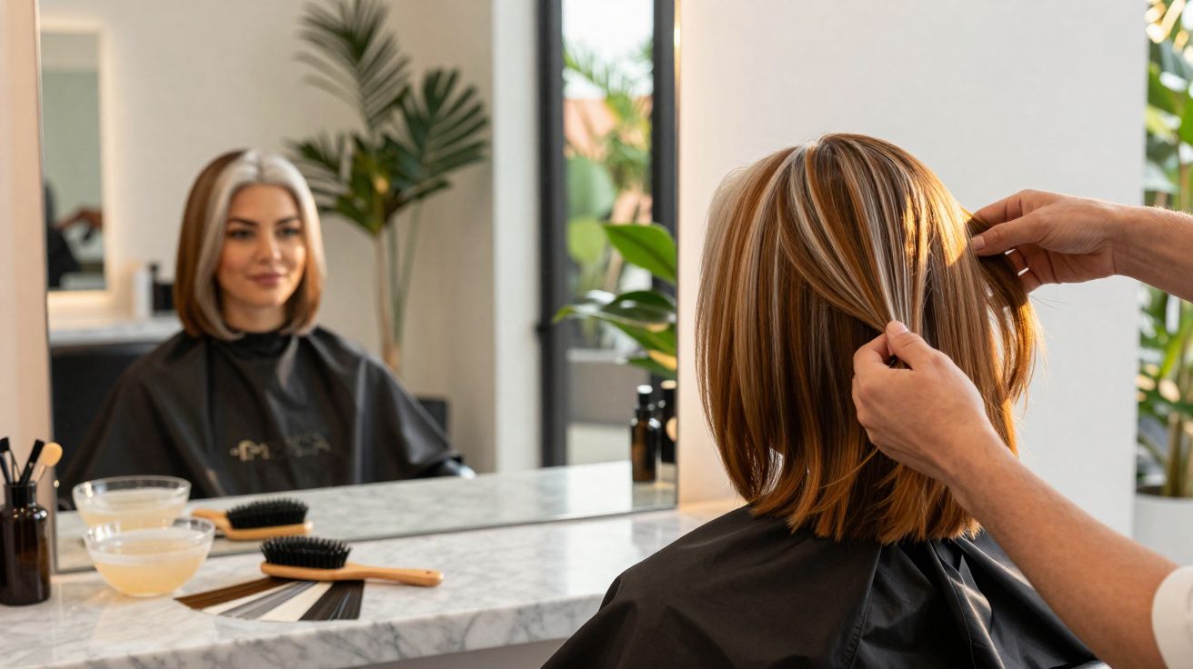 Femme assise dans un salon de coiffure, regardant son reflet tandis que le coiffeur touche ses cheveux.