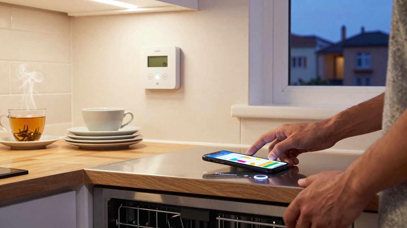 Une personne utilise une application sur smartphone pour contrôler le thermostat dans une cuisine moderne.