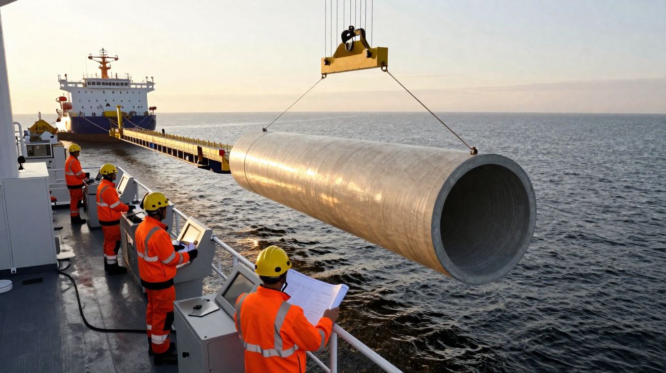 Des marins en tenue orange surveillent la pose d’un grand tuyau sur une plateforme en mer au coucher du soleil.