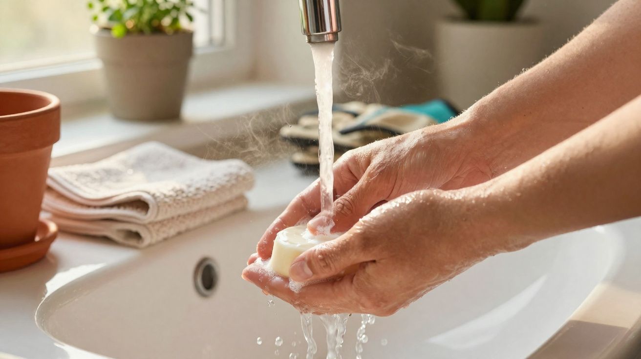 Deux mains lavant un savon sous un robinet avec de la vapeur au-dessus d'un évier blanc.