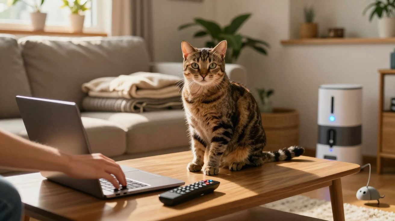 Chat tigré assis sur une table en bois dans un salon avec un ordinateur portable et une télécommande.