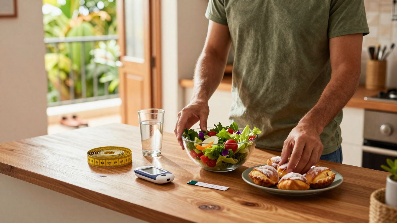 Homme choisissant entre salade fraîche et pâtisseries sur un plan de travail avec glucomètre, verre d’eau et mètre.