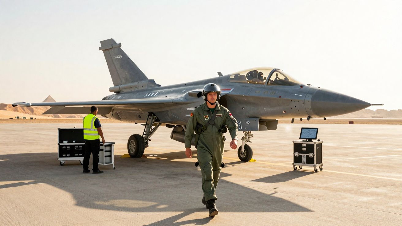 Un pilote en combinaison verte marche devant un avion de chasse gris sur une piste désertique.