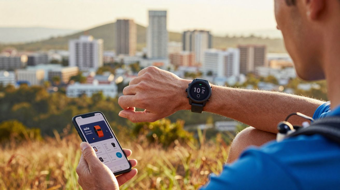 Un homme en tenue de sport consulte sa montre connectée et son smartphone en plein air avec une ville en arrière-plan.