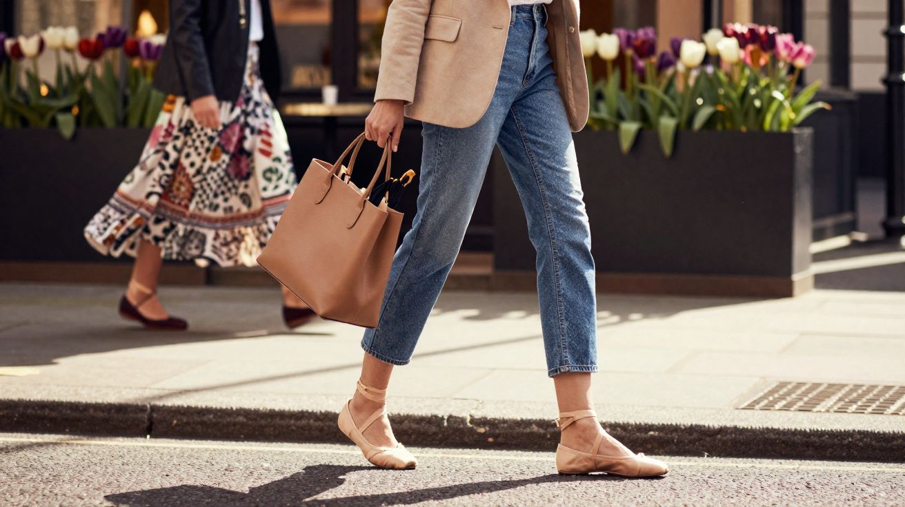 Femme marchant en jeans et blazer beige, tenant un sac marron avec un parapluie, sur un trottoir urbain fleuri.