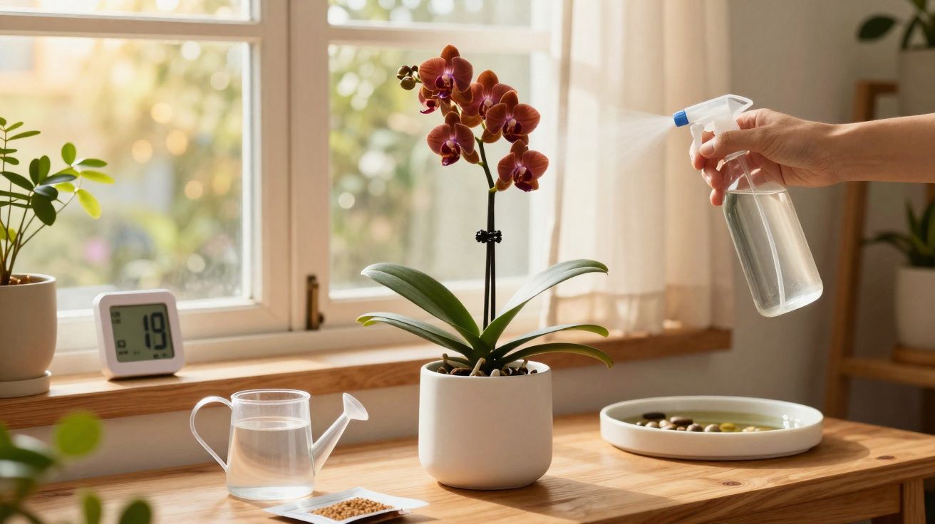 Main vaporisant de l'eau sur une orchidée rouge dans un pot blanc près d'une fenêtre lumineuse.
