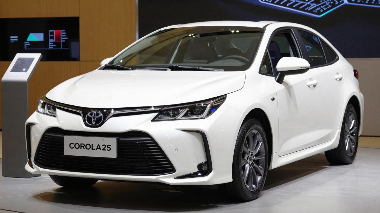 Voiture blanche Toyota Corolla 25 exposée en salle d'exposition automobile moderne.