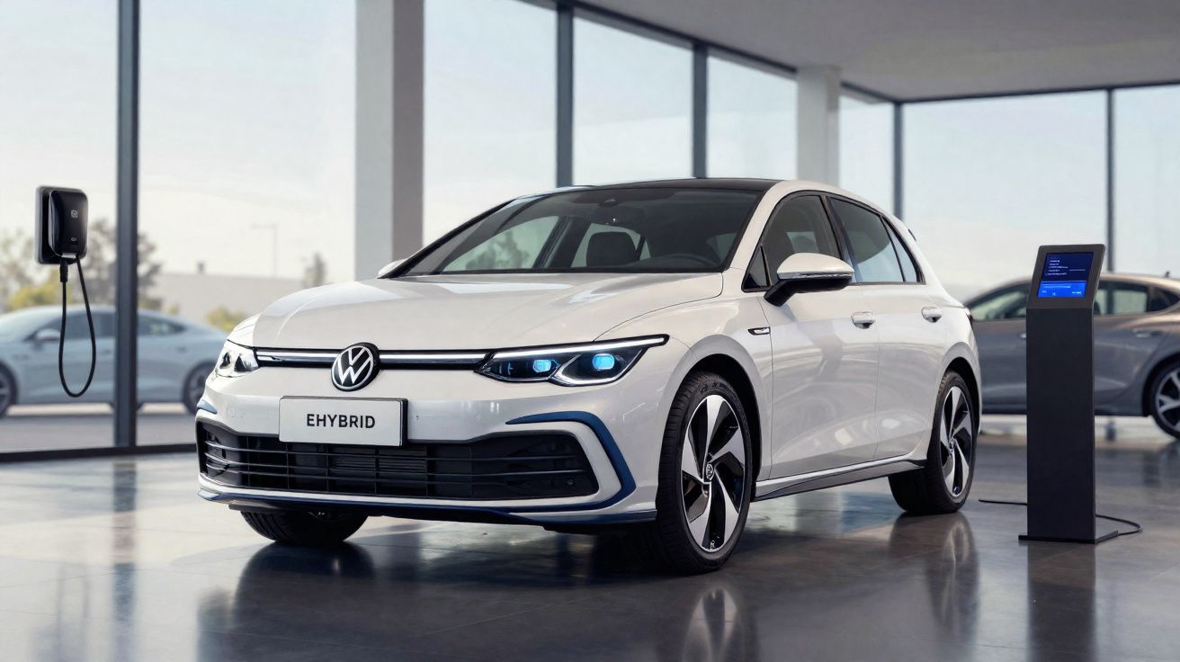 Voiture électrique blanche Volkswagen eHybrid en charge dans un showroom moderne aux grandes baies vitrées.