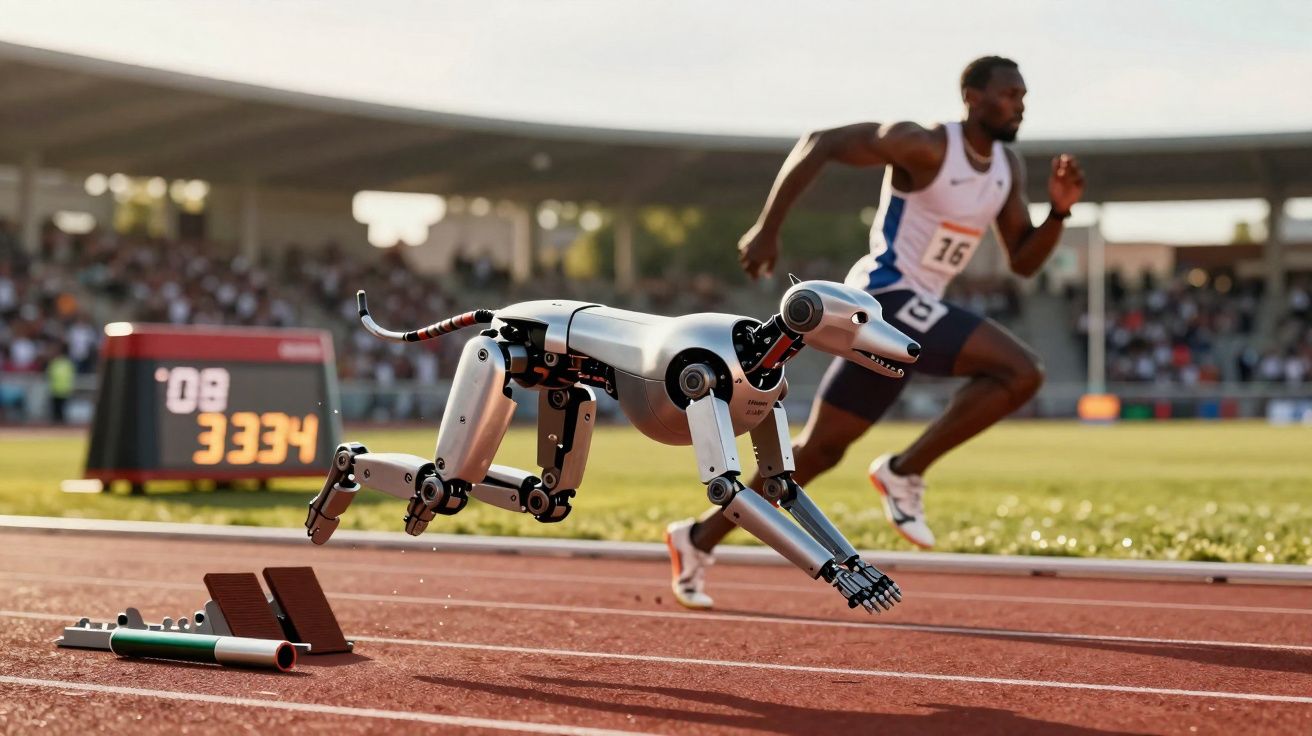 Robot chien courant sur piste d'athlétisme devant un athlète humain en compétition.