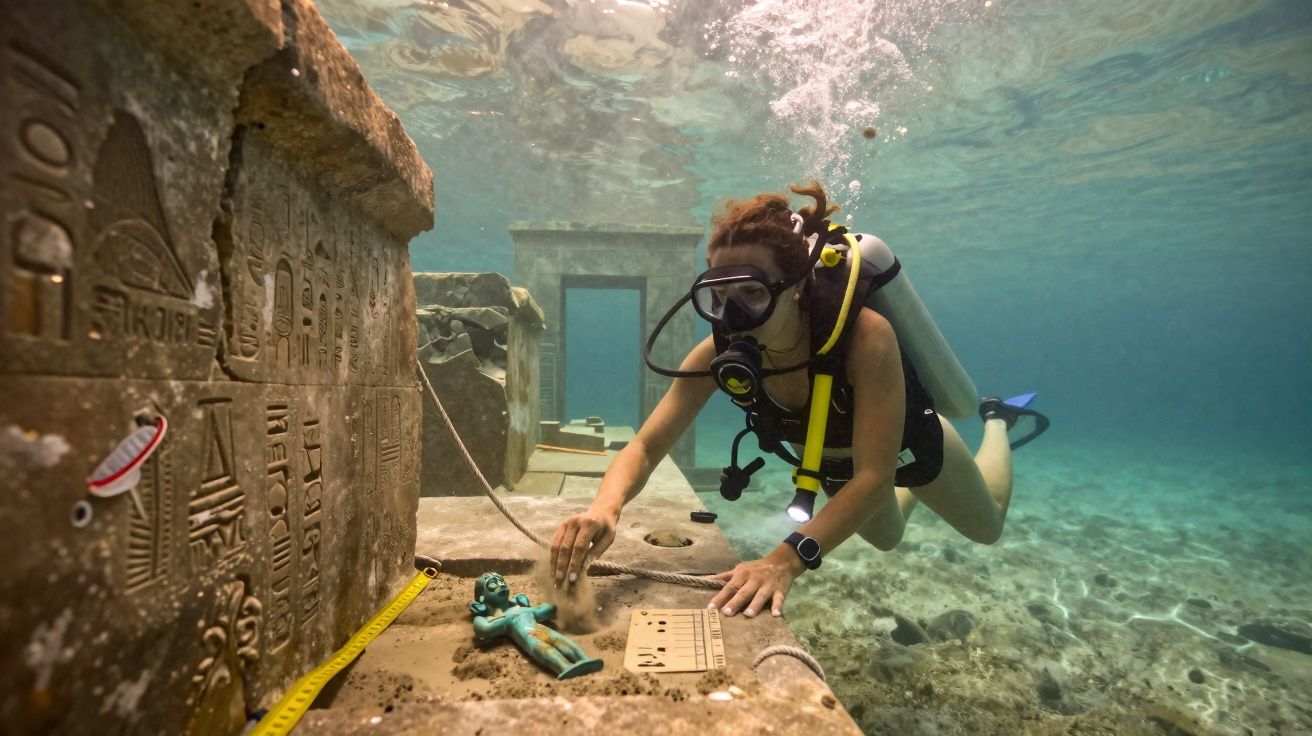 Une plongeuse explore des ruines sous-marines anciennes avec des inscriptions et une petite statue.