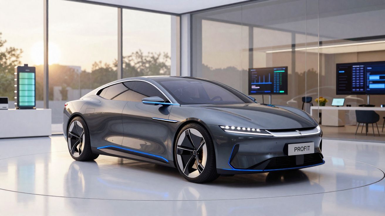Voiture électrique grise au design futuriste exposée dans un showroom lumineux avec écrans numériques.