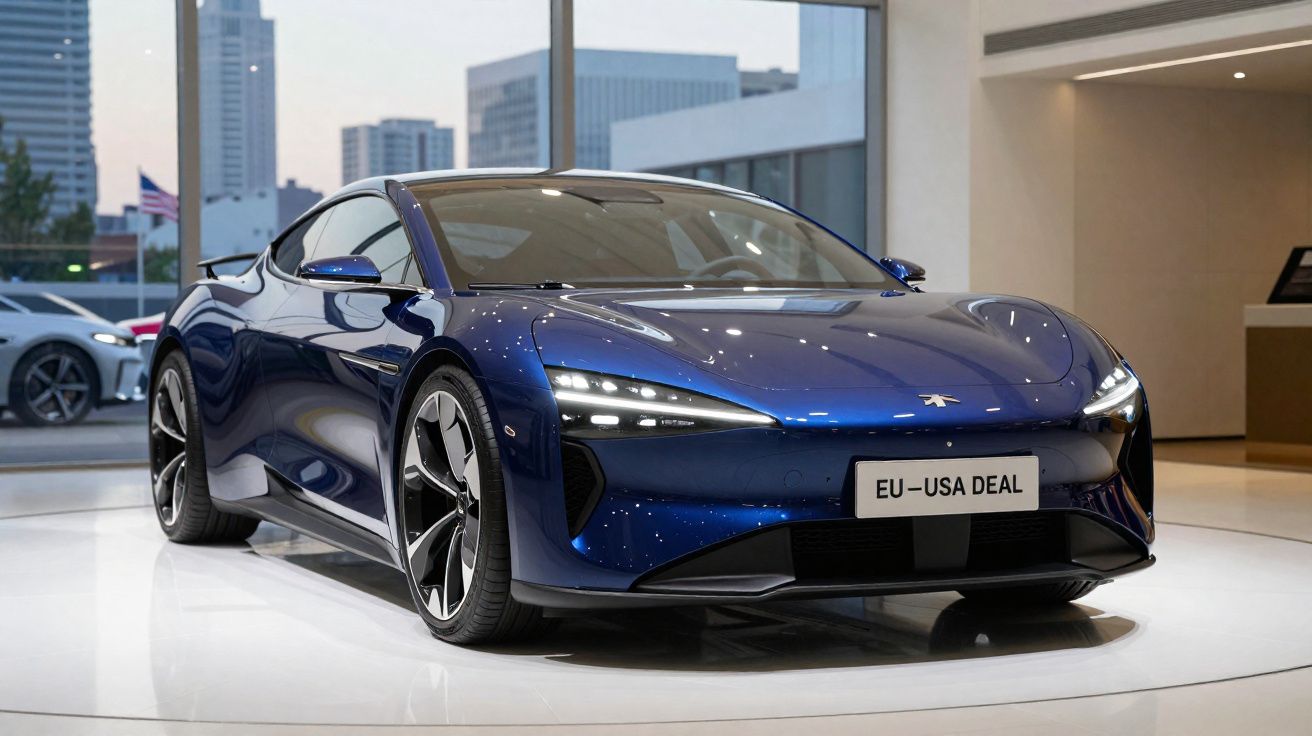 Voiture sportive électrique bleue brillante exposée en intérieur avec plaque EU-USA DEAL.