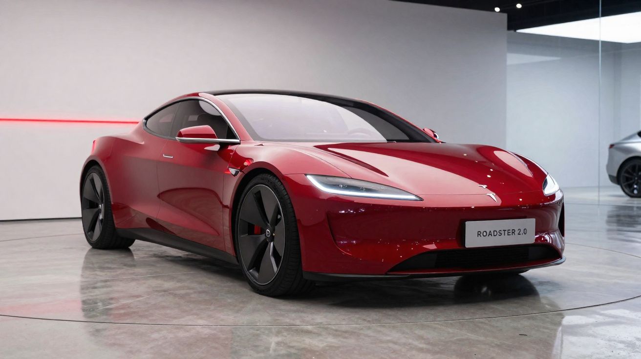 Voiture électrique Tesla Roadster 2.0 rouge brillante exposée dans une salle moderne aux murs blancs.