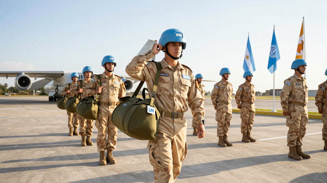 Soldats en tenue beige et casque bleu de l'ONU marchant en rang devant un avion militaire sur piste.