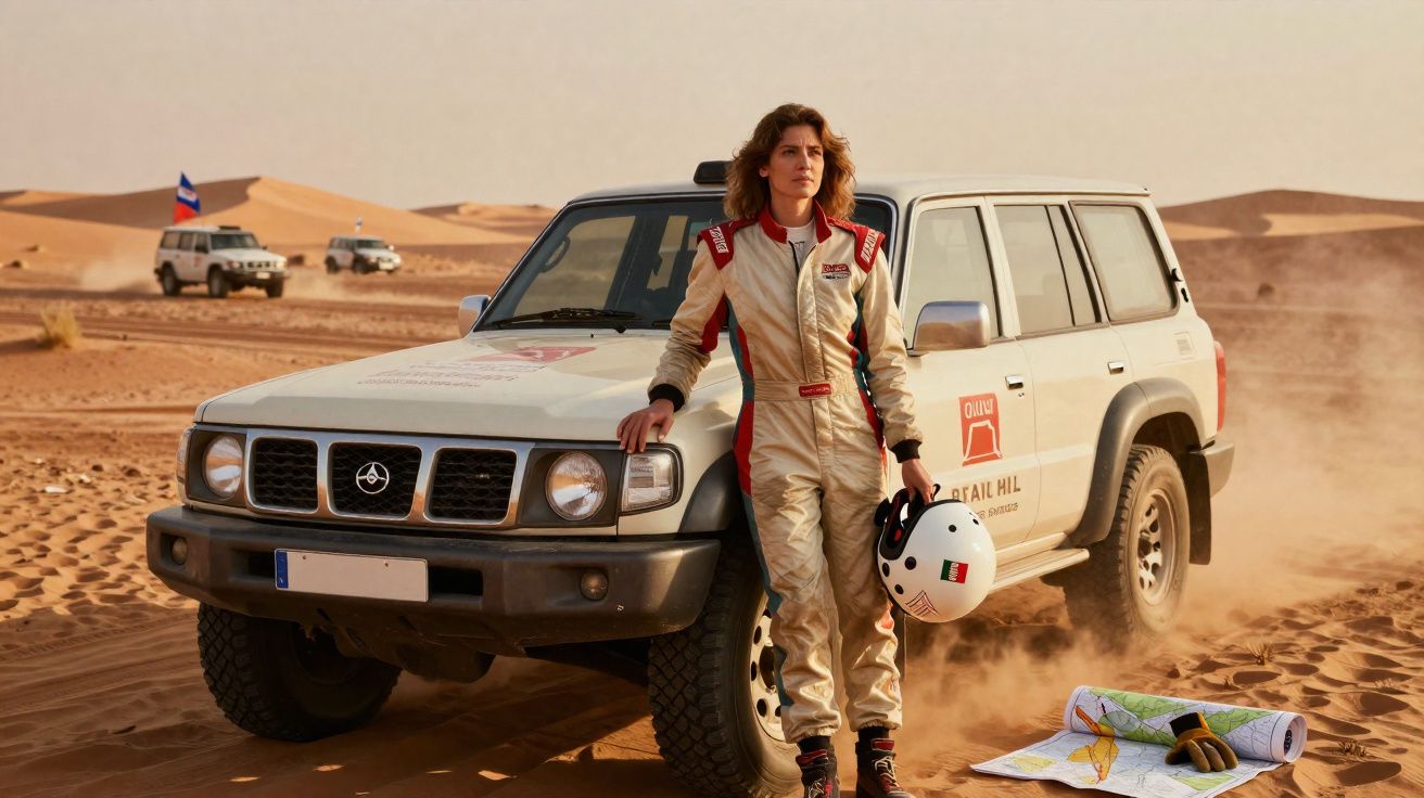 Femme en combinaison de course appuyée sur un 4x4 dans le désert, casque et cartes au sol.