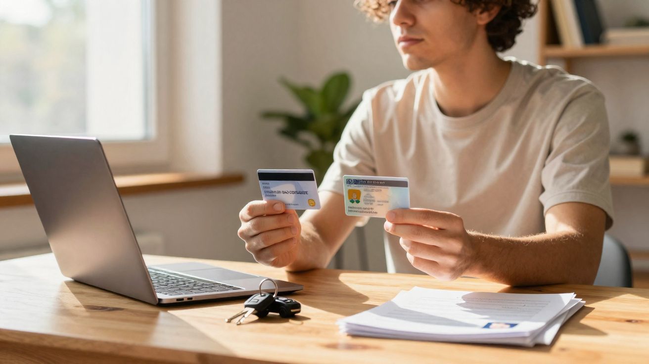 Jeune homme tenant une carte bancaire et une carte d'identité devant un ordinateur portable sur un bureau.