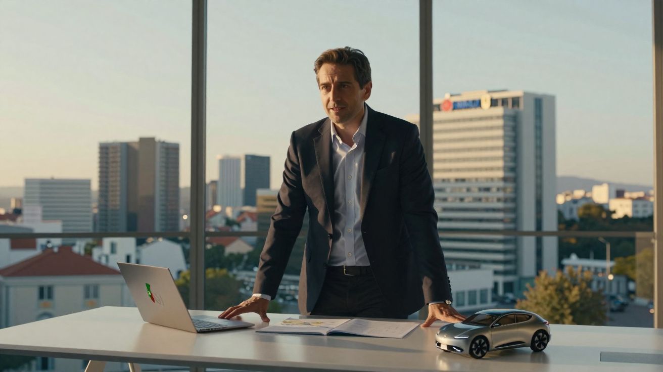 Homme en costume debout derrière un bureau avec un ordinateur portable et une maquette de voiture dans un bureau moderne.