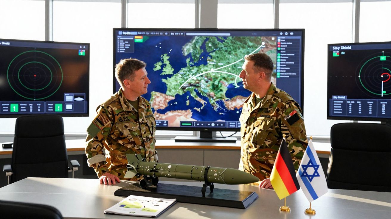 Deux militaires en tenue discutent devant un écran de carte d'Europe avec une maquette de missile sur la table.
