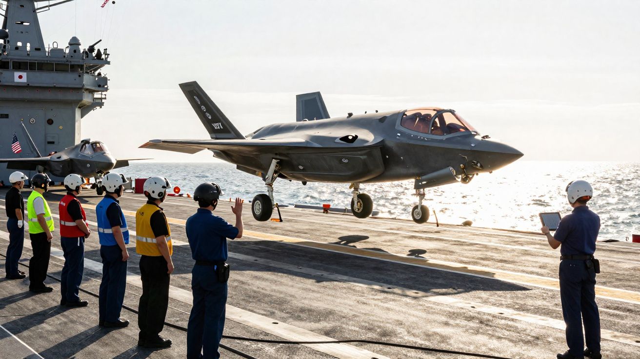 Un avion de chasse furtif atterrit sur un porte-avions avec plusieurs marins en observation sur le pont.